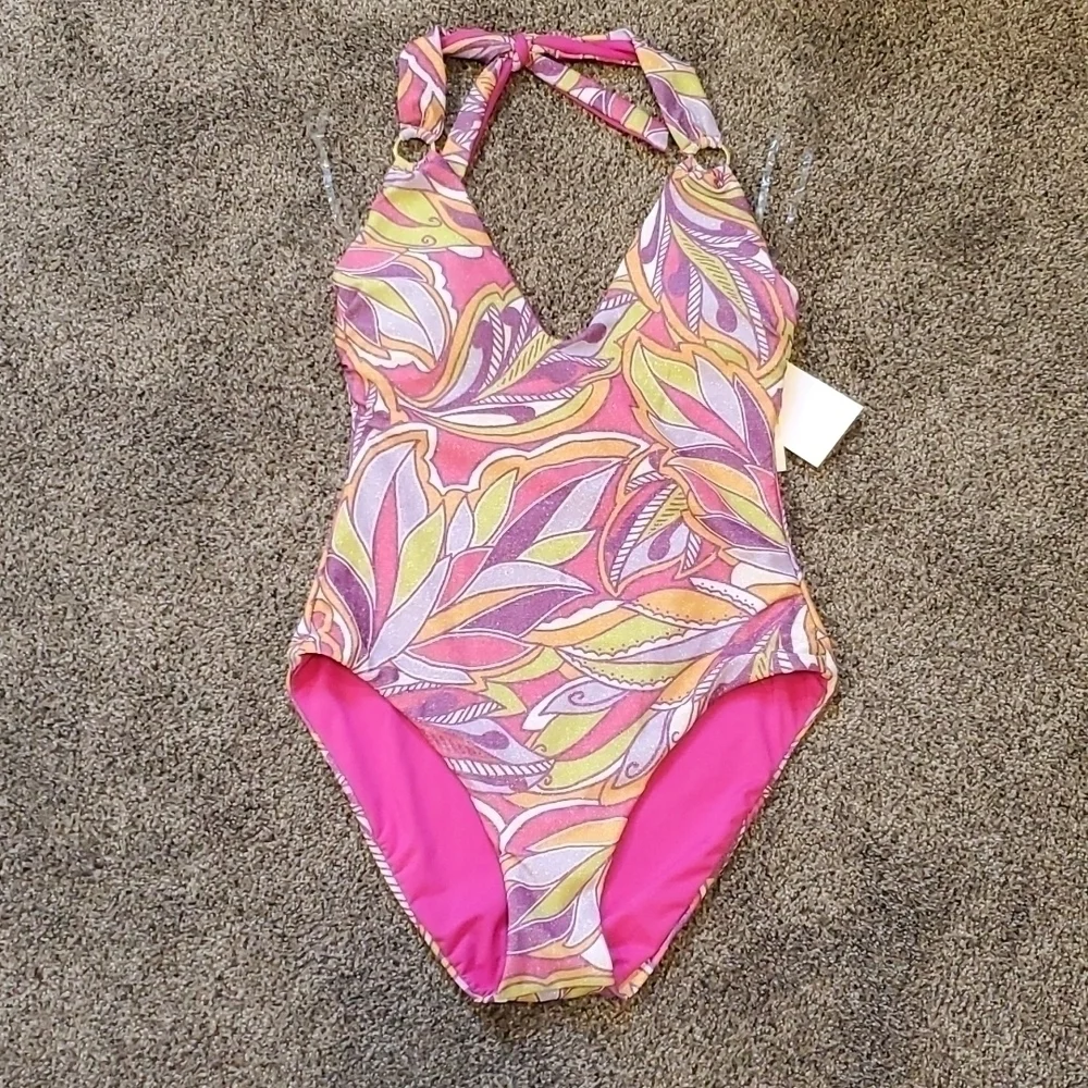 NWT Becca By Rebecca Virtue Psychedelica Nina U-Neck Sparkle One Piece Swim